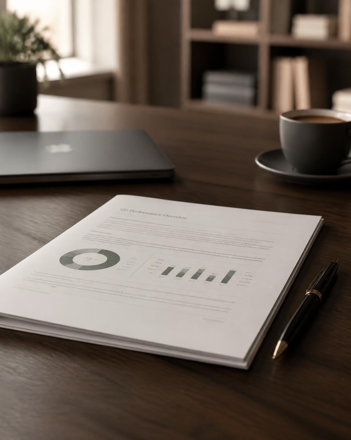 A tidy professional desk with a printed report, laptop, pen and coffee in warm natural light