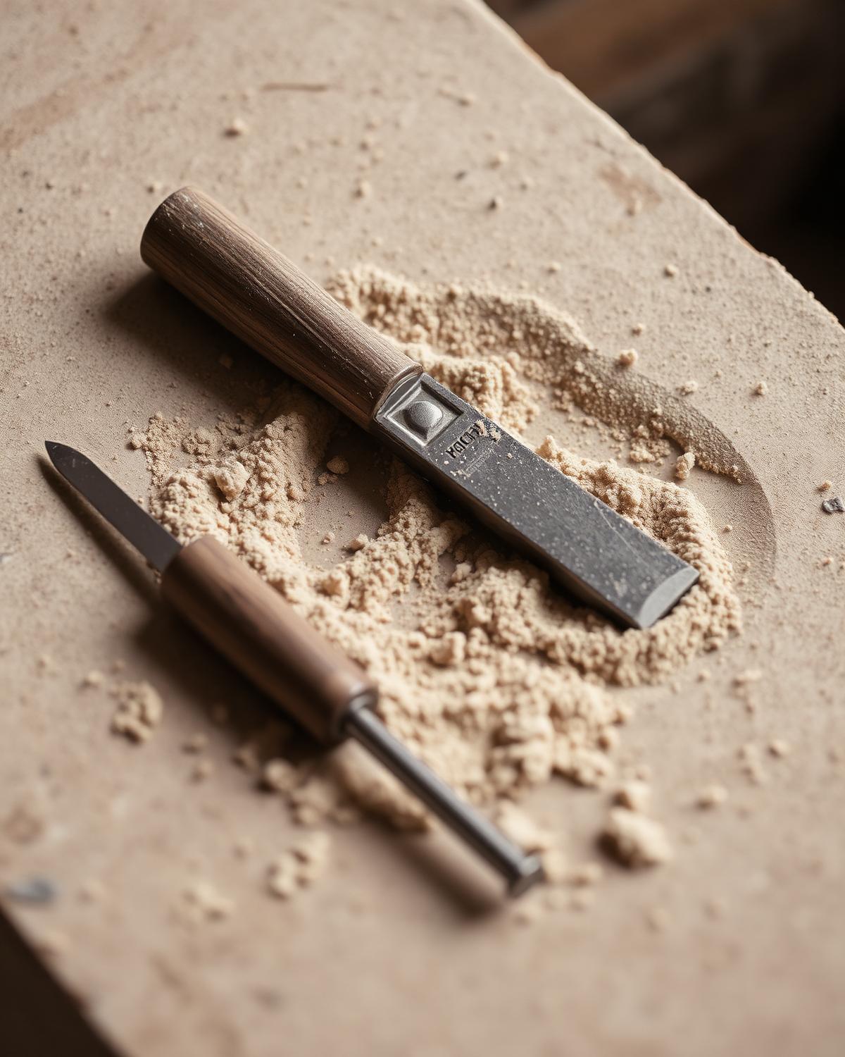 Stonemason's chisels resting on a limestone block